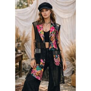 Aneo.A Patchwork Mesh Duster Vest Size Large Floral Mixed Media Avant Garde‎ Art